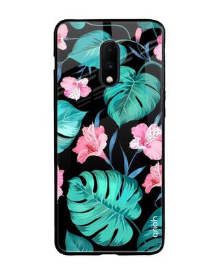 Shop Qrioh OnePlus 7 Tropical Leaves & Pink Flowers Glass Case-Front