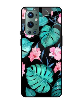 Shop Qrioh OnePlus 9 Pro Tropical Leaves & Pink Flowers Glass Case-Front