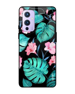 Shop Qrioh OnePlus 9 Tropical Leaves & Pink Flowers Glass Case-Front