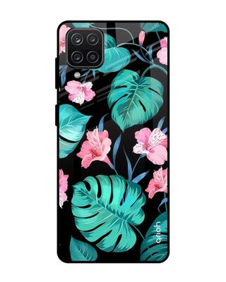 Shop Qrioh Tropical Leaves & Pink Flowers Glass case for Samsung Galaxy A12-Front