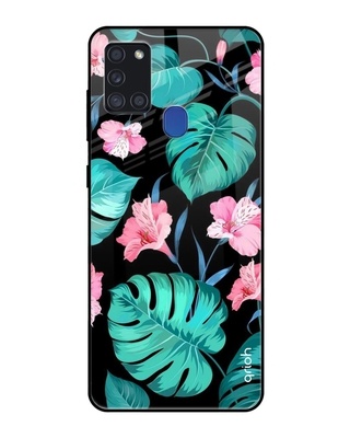 Shop Qrioh Tropical Leaves & Pink Flowers Glass case for Samsung Galaxy A21s-Front