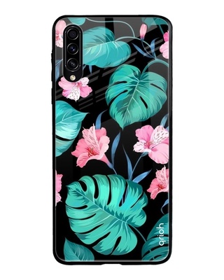 Shop Qrioh Tropical Leaves & Pink Flowers Glass case for Samsung Galaxy A30s-Front