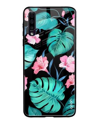 Shop Qrioh Tropical Leaves & Pink Flowers Glass case for Samsung Galaxy A50-Front
