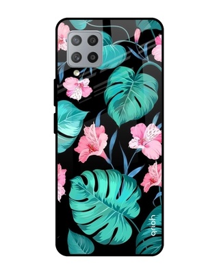Shop Qrioh Tropical Leaves & Pink Flowers Glass case for Samsung Galaxy M42-Front