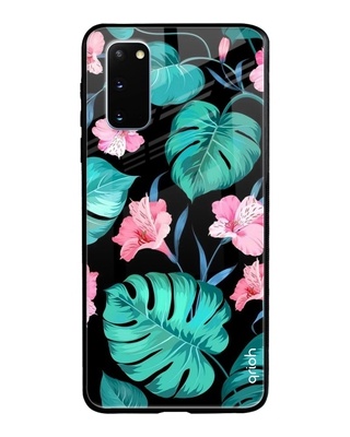 Shop Qrioh Tropical Leaves & Pink Flowers Glass case for Samsung Galaxy S20-Front