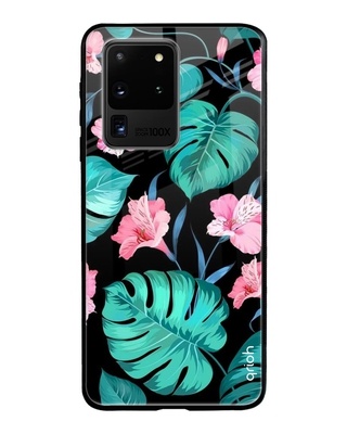 Shop Qrioh Tropical Leaves & Pink Flowers Glass case for Samsung Galaxy S20 Ultra-Front