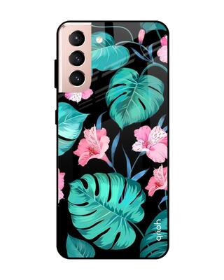 Shop Qrioh Samsung Galaxy S21 Tropical Leaves & Pink Flowers Glass Case-Front
