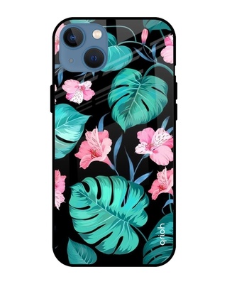 Shop Qrioh Tropical Leaves & Pink Flowers Glass case for iPhone 13 mini-Front