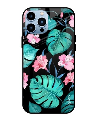 Shop Qrioh Tropical Leaves & Pink Flowers Glass case for iPhone 13 Pro-Front