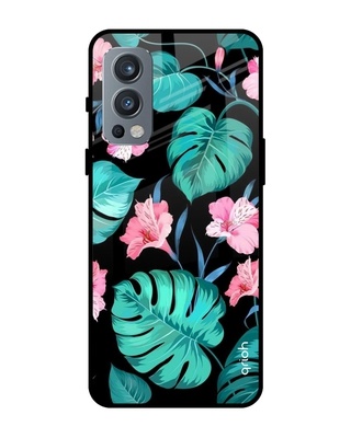 Shop Qrioh Tropical Leaves & Pink Flowers Glass case for OnePlus Nord 2-Front