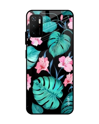 Shop Qrioh Tropical Leaves & Pink Flowers Glass case for Poco M3 Pro-Front