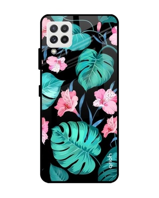 Shop Qrioh Tropical Leaves & Pink Flowers Glass case for Samsung Galaxy A22-Front