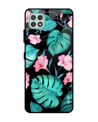 Shop Qrioh Tropical Leaves & Pink Flowers Glass case for Samsung Galaxy A22 5G-Front