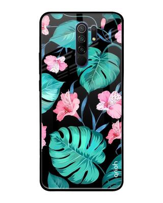 Shop Qrioh Tropical Leaves & Pink Flowers Glass Case for Xiaomi Redmi 9 prime-Front