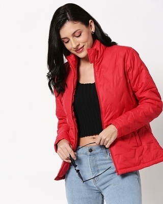 Shop Red Embossed Puffer Jacket-Front