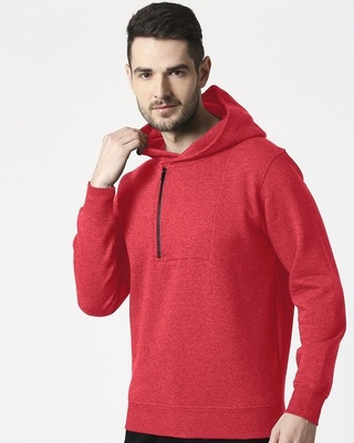 Shop Red Melange Stylised Zip Panel Hoodie Sweatshirt-Front