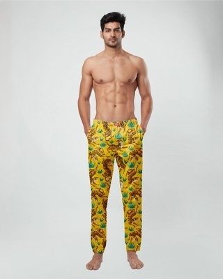 Shop Sexy Beast Men's Yellow Cotton Wild Yellow Tiger Pyjama-Front