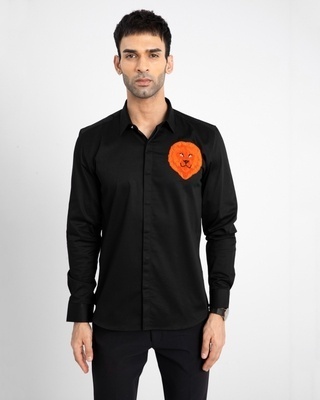 Shop Snitch Men's Black Lion Embroidered Slim Fit Shirt-Front