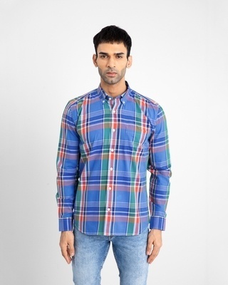 Shop Snitch Men's Blue Checked Slim Fit Shirt-Front