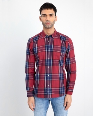 Shop Snitch Men's Maroon Checked Slim Fit Shirt-Front