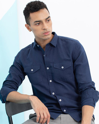 Shop Snitch Navy Double Pocket Cotlin Shirt-Front