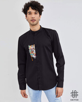 Shop Snitch Tiger Black Satin Mandarin Collar Shirt-Front