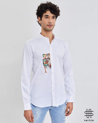 Shop Snitch Tiger White Satin Mandarin Collar Shirt-Front