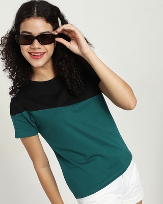 Shop Snazzy Green Color Block T-shirt For Women's-Front