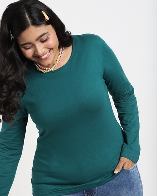 Shop Snazzy Green Plus Size Full Sleeve T-shirt For Women's-Front