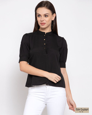 Shop Style Quotient Black Mandarin Collar Puff Sleeves Crepe Shirt Top-Front