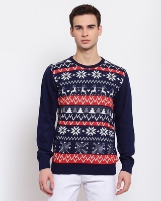 Shop Style Quotient Men's Blue Printed Regular Fit Sweater-Front