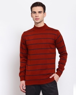 Shop Style Quotient Men's Maroon Striped Regular Fit Sweater-Front