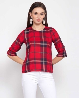 Shop Style Quotient Red Checked Bell Sleeves Top-Front