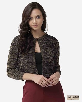 Shop Women's Black & Golden Self Design Shrug-Front