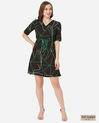 Shop Women's Black And Green Abstract Print A Line Dress-Front