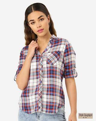 Shop Style Quotient Women Blue & White Twill Weave Checked Casual Shirt-Front