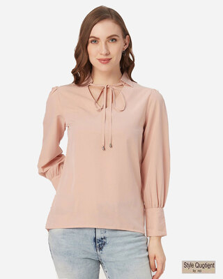 Shop Style Quotient Women Dusty Pink Bishop Sleeved Solid Top-Front