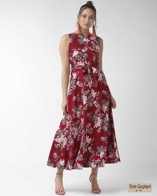 Shop Women's Maroon & Pink Floral Print Maxi Dress-Front