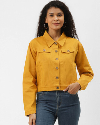 Shop Style Quotient Women Mustard Yellow Solid Denim Jacket-Front
