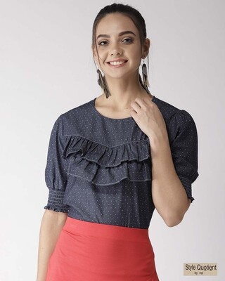 Shop Women's Navy Blue Chambray Printed Top-Front