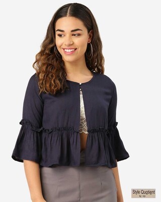 Shop Women's Navy Blue Solid Button Shrug-Front