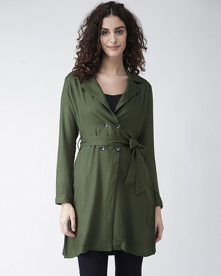 Shop Style Quotient Women Olive Green Solid Double-Breasted Overcoat-Front
