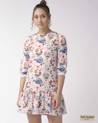 Shop Style Quotient Women Pink & Blue Floral Printed Drop-Waist Dress-Front