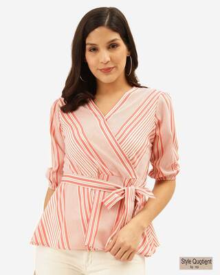 Shop Women's Pink & White Striped Wrap Top-Front