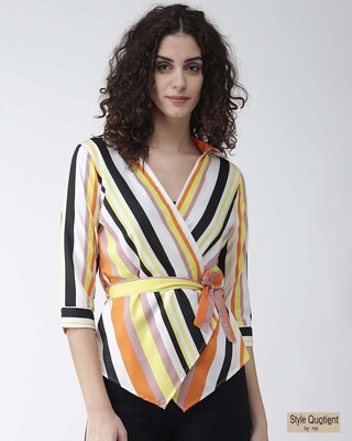 Shop Women's White & Yellow Striped Wrap Top-Front