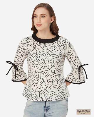 Shop Style Quotient Women White and Black Abstract Print Top-Front