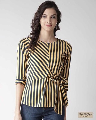 Shop Women's Yellow & Navy Blue Striped A Line Top-Front