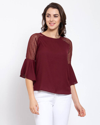 Shop Women's Red Solid Three Quarter Sleeves Regular Top-Front