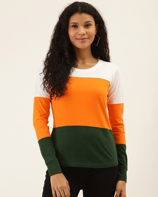 Shop Color Block Women's Round Neck Green Orange T-shirt-Front