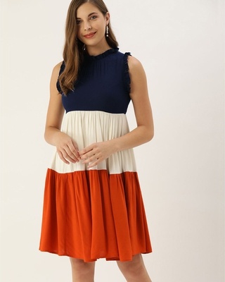 Shop THE DRY STATE WomenNavy Blue and White colourblocked woven A-line tiered dress-Front